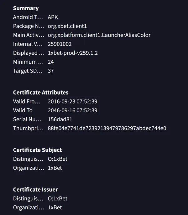 Signing certificate of 1xbet.apk 259.1.2