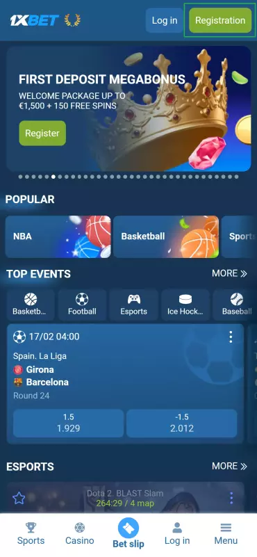 Click the Registration button in the top right corner